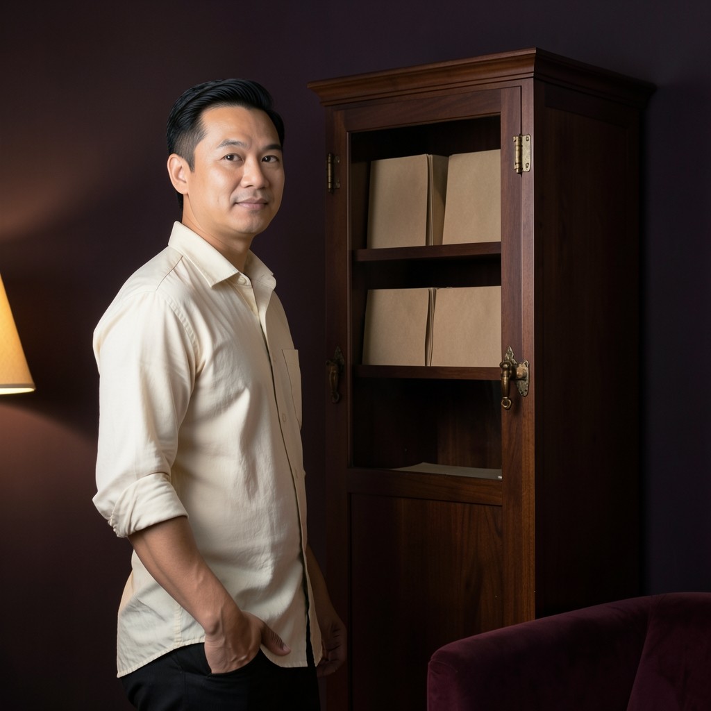 Anan Waesama beside a wooden cabinet of household paper folders