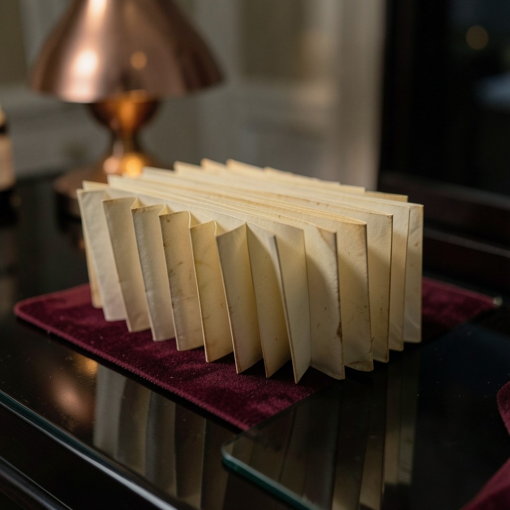 An open accordion paper file on a lacquered desk under a copper lamp