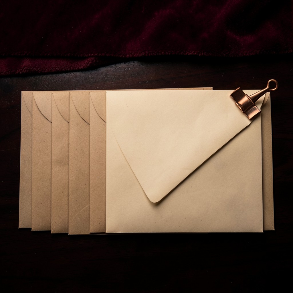Kraft envelopes lined up on dark wood with one ivory envelope set apart