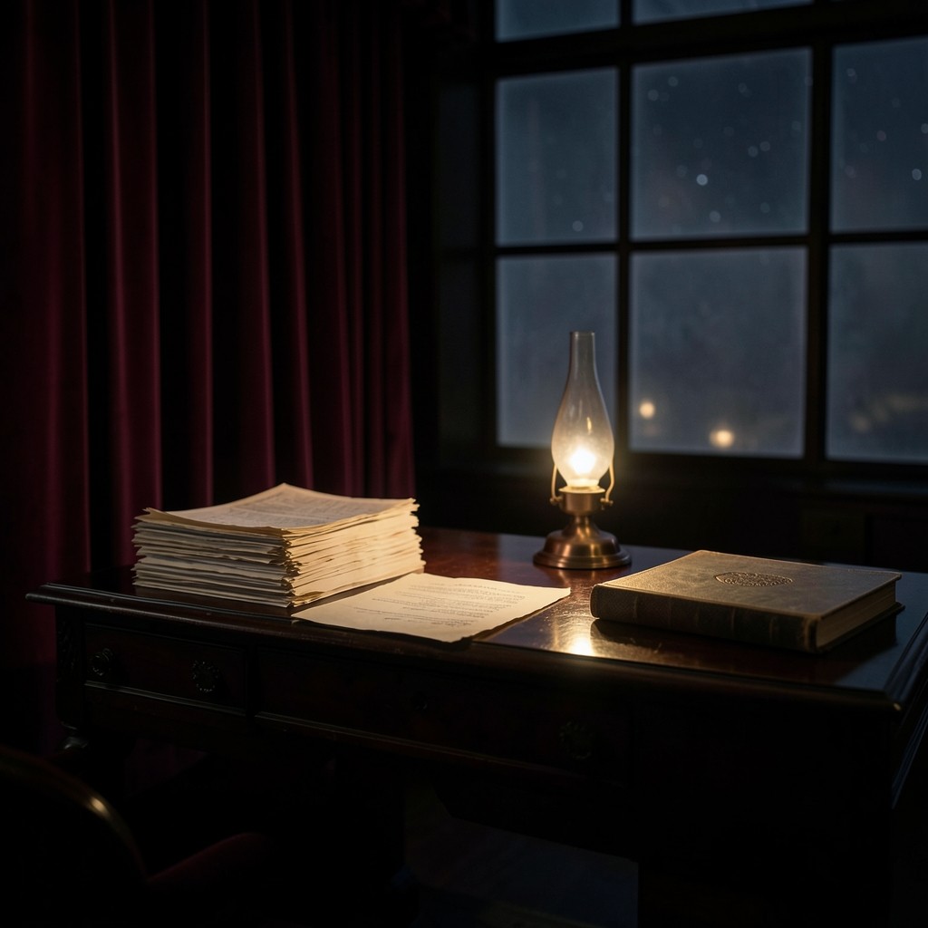 A lacquered desk at night with paper invoices, a cloth ledger, and a copper lamp beside a velvet curtain