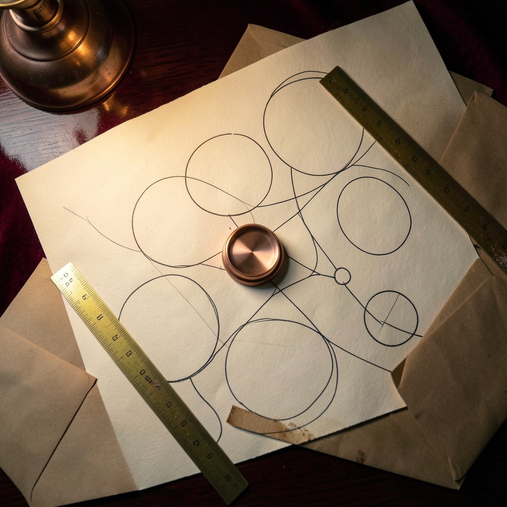A cream sheet on dark wood with blank circles, kraft envelopes, and a brass ruler