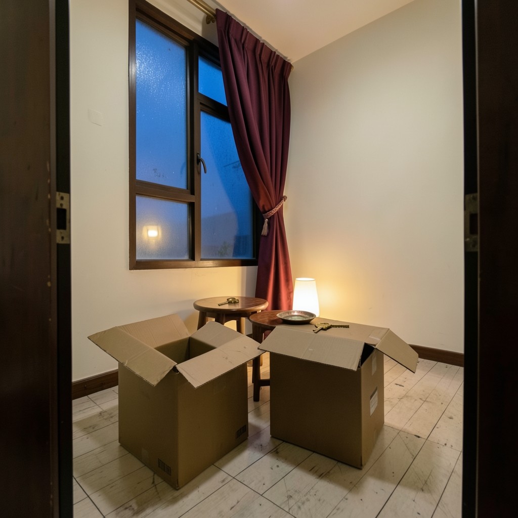 A nearly empty rented room with moving boxes and a house key on a copper dish