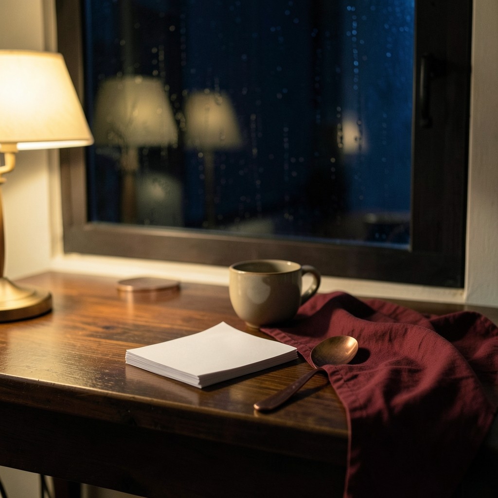 A night kitchen table with paper notices, a ceramic cup, and rain on the window