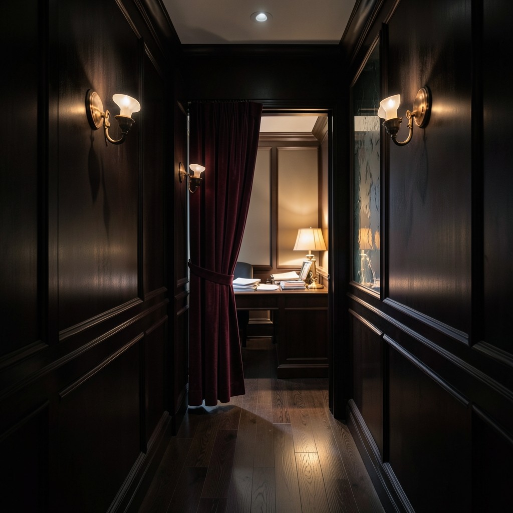 A wood-paneled corridor with a velvet curtain opening toward a lit desk